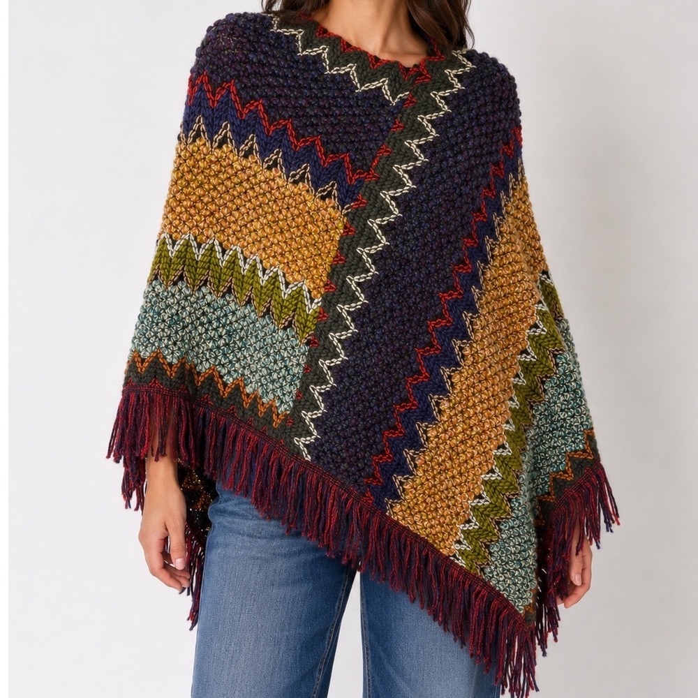 Boho Fringe Knit Poncho One Size‎ Multicolor Chevron Festival Southwestern Wrap